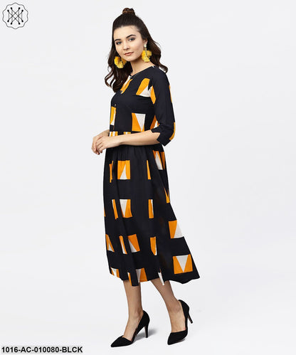 Black Round Neck Printed Dress With Front Placket And 3/4 Sleeves