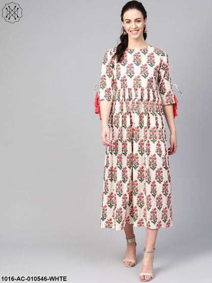 Women White & Coral Floral Printed Maxi Dress