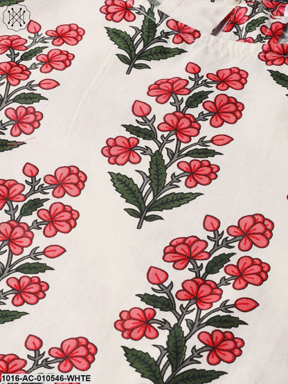 Women White & Coral Floral Printed Maxi Dress