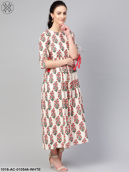 Women White & Coral Floral Printed Maxi Dress
