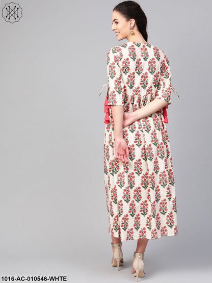 Women White & Coral Floral Printed Maxi Dress