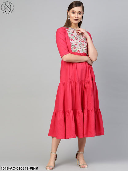 Women Pink & Grey Solid Fit And Flare Dress