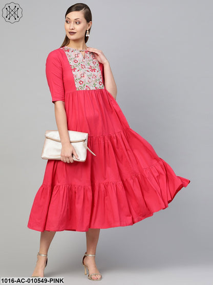 Women Pink & Grey Solid Fit And Flare Dress