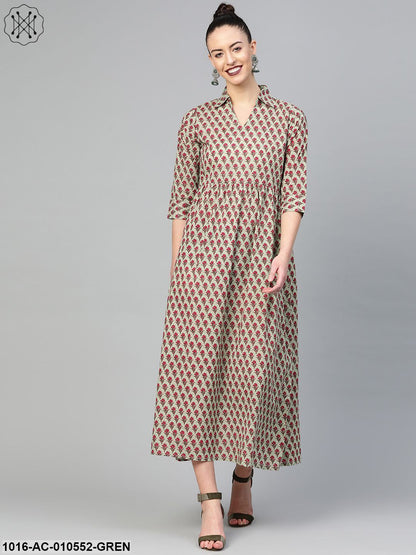 Women Green & Red Floral Printed Fit And Flare Dress