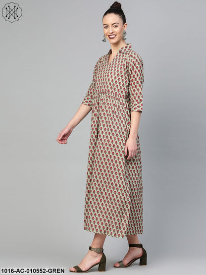 Women Green & Red Floral Printed Fit And Flare Dress