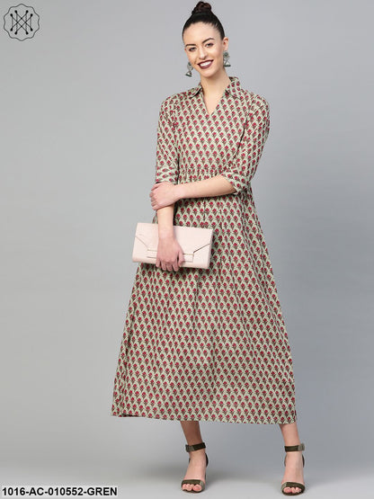 Women Green & Red Floral Printed Fit And Flare Dress