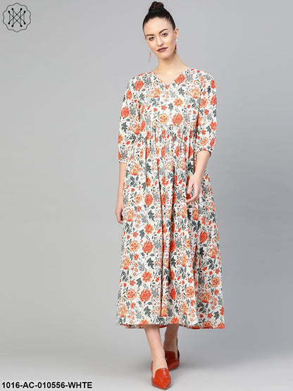 Women White & Orange Floral Printed Maxi Dress