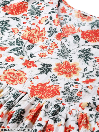 Women White & Orange Floral Printed Maxi Dress