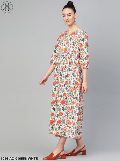 Women White & Orange Floral Printed Maxi Dress