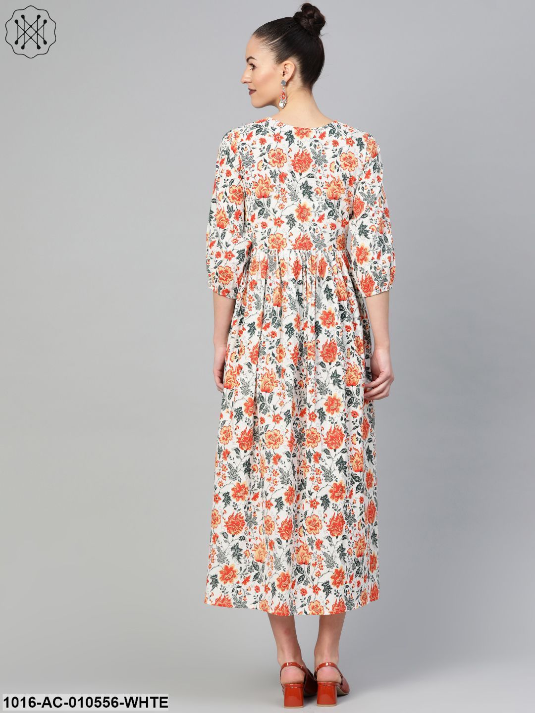 Women White & Orange Floral Printed Maxi Dress