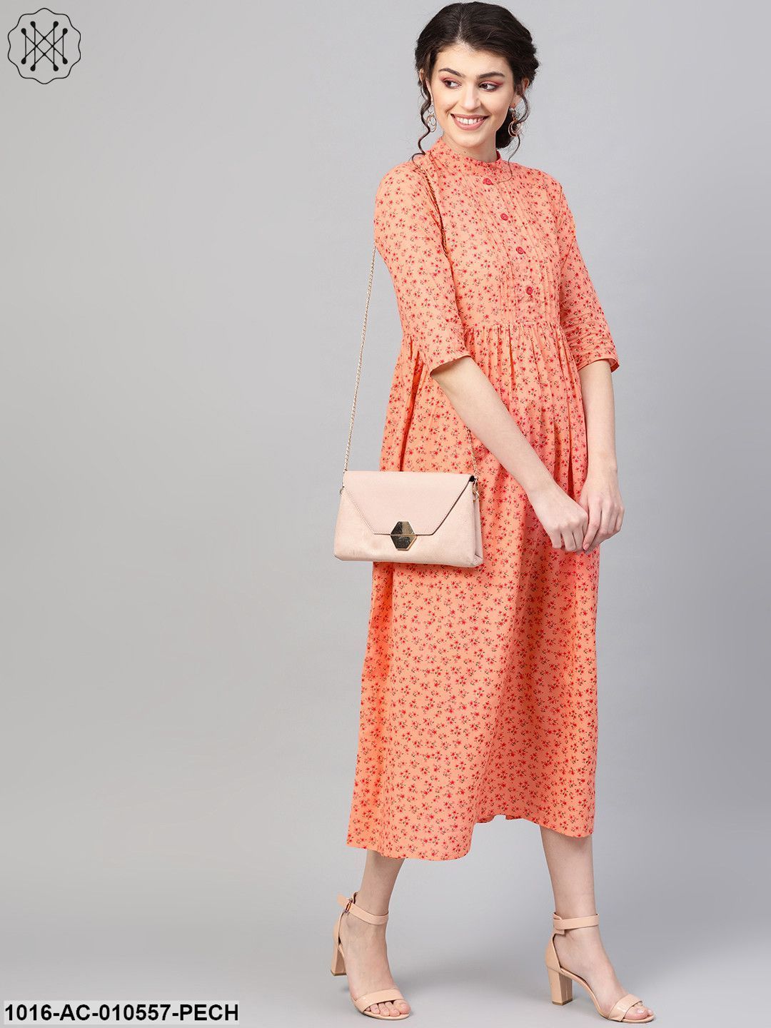 Women Peach &Floral Printed Maxi Dress