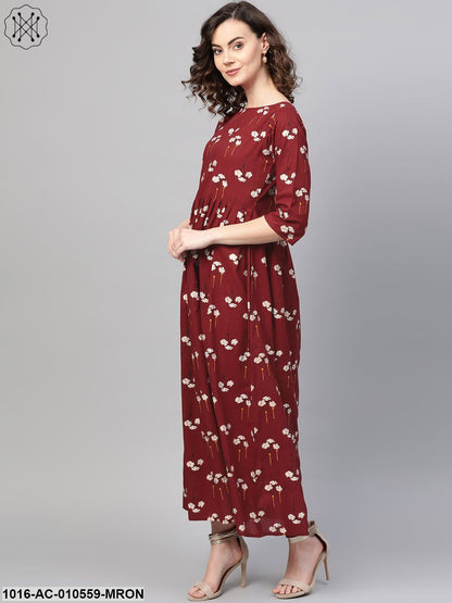 Women Maroon & White Floral Printed Maxi Dress