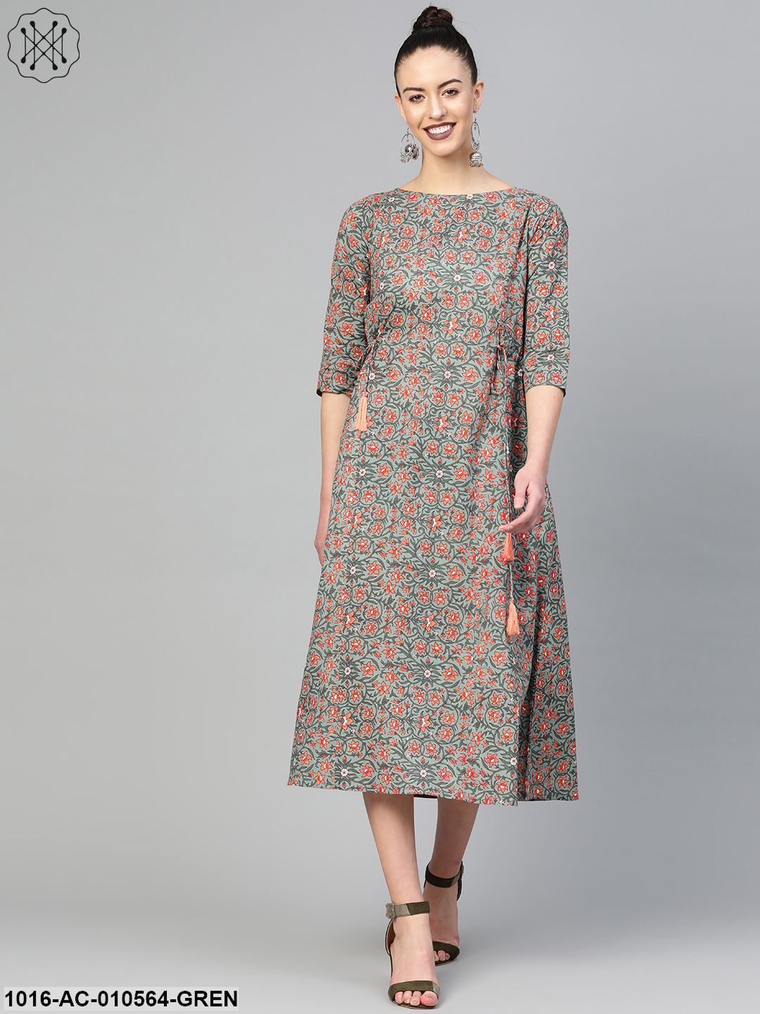 Women Green & Peach Floral Printed A-Line Dress