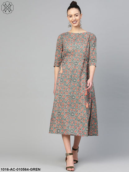 Women Green & Peach Floral Printed A-Line Dress