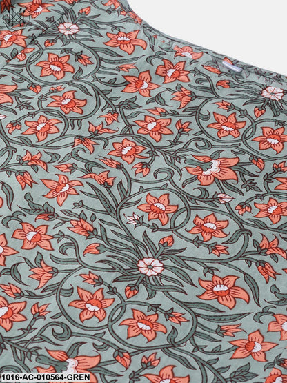 Women Green & Peach Floral Printed A-Line Dress