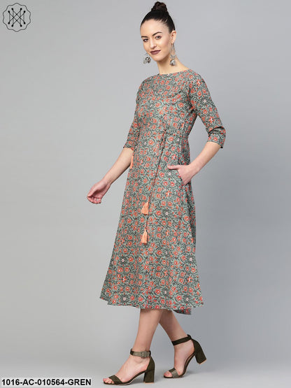 Women Green & Peach Floral Printed A-Line Dress