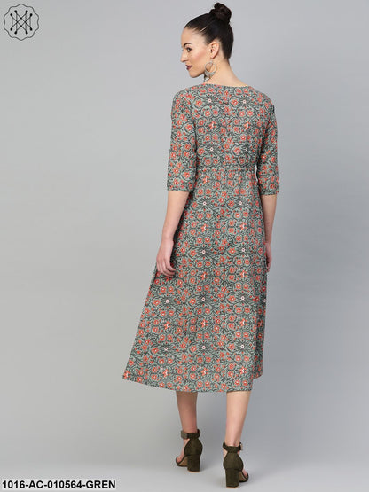 Women Green & Peach Floral Printed A-Line Dress