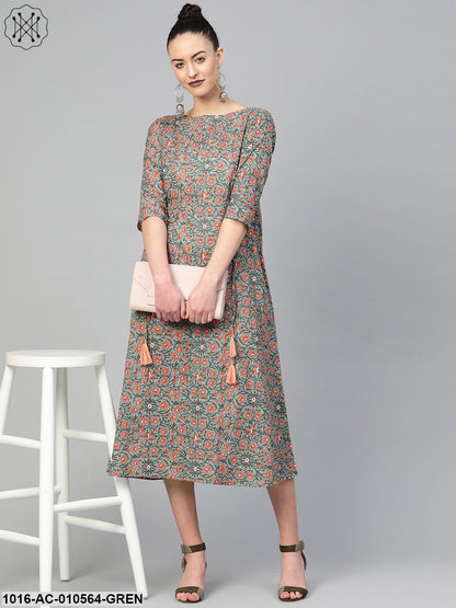 Women Green & Peach Floral Printed A-Line Dress