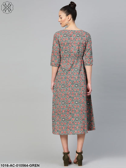 Women Green & Peach Floral Printed A-Line Dress