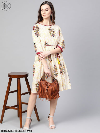 Women Off White & Yellow Floral Printed A-Line Dress
