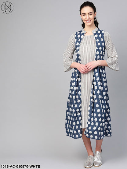Women White & Blue Striped Printed Two-Piece Dress
