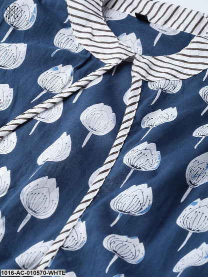 Women White & Blue Striped Printed Two-Piece Dress