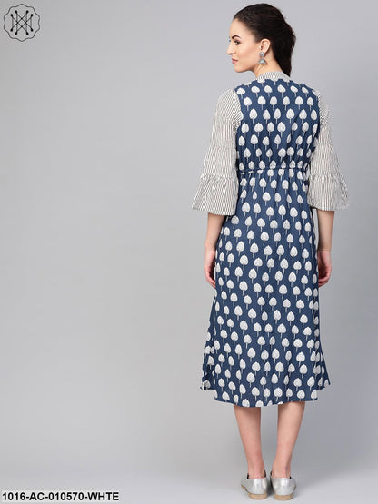 Women White & Blue Striped Printed Two-Piece Dress