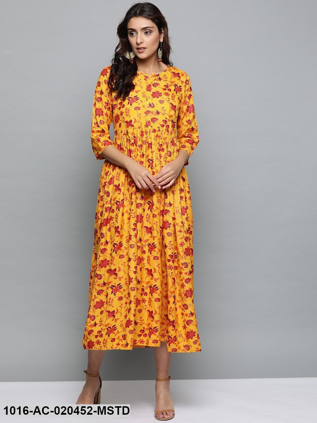 Mustard Yellow & Red Printed A-Line Dress