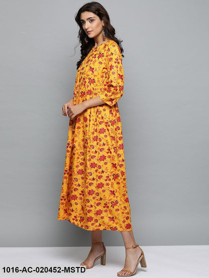 Mustard Yellow & Red Printed A-Line Dress