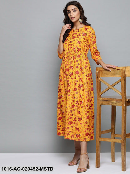Mustard Yellow & Red Printed A-Line Dress