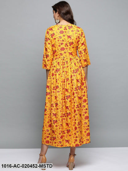 Mustard Yellow & Red Printed A-Line Dress