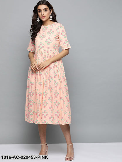 Pink & Green Printed A-Line Dress