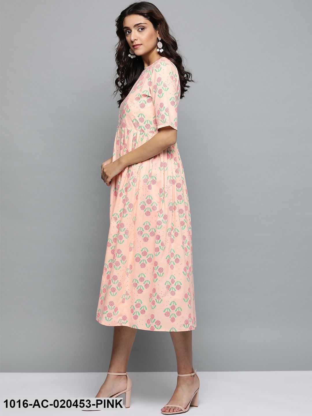 Pink & Green Printed A-Line Dress