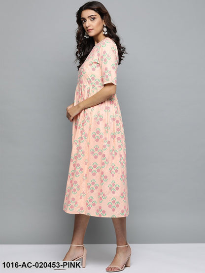 Pink & Green Printed A-Line Dress