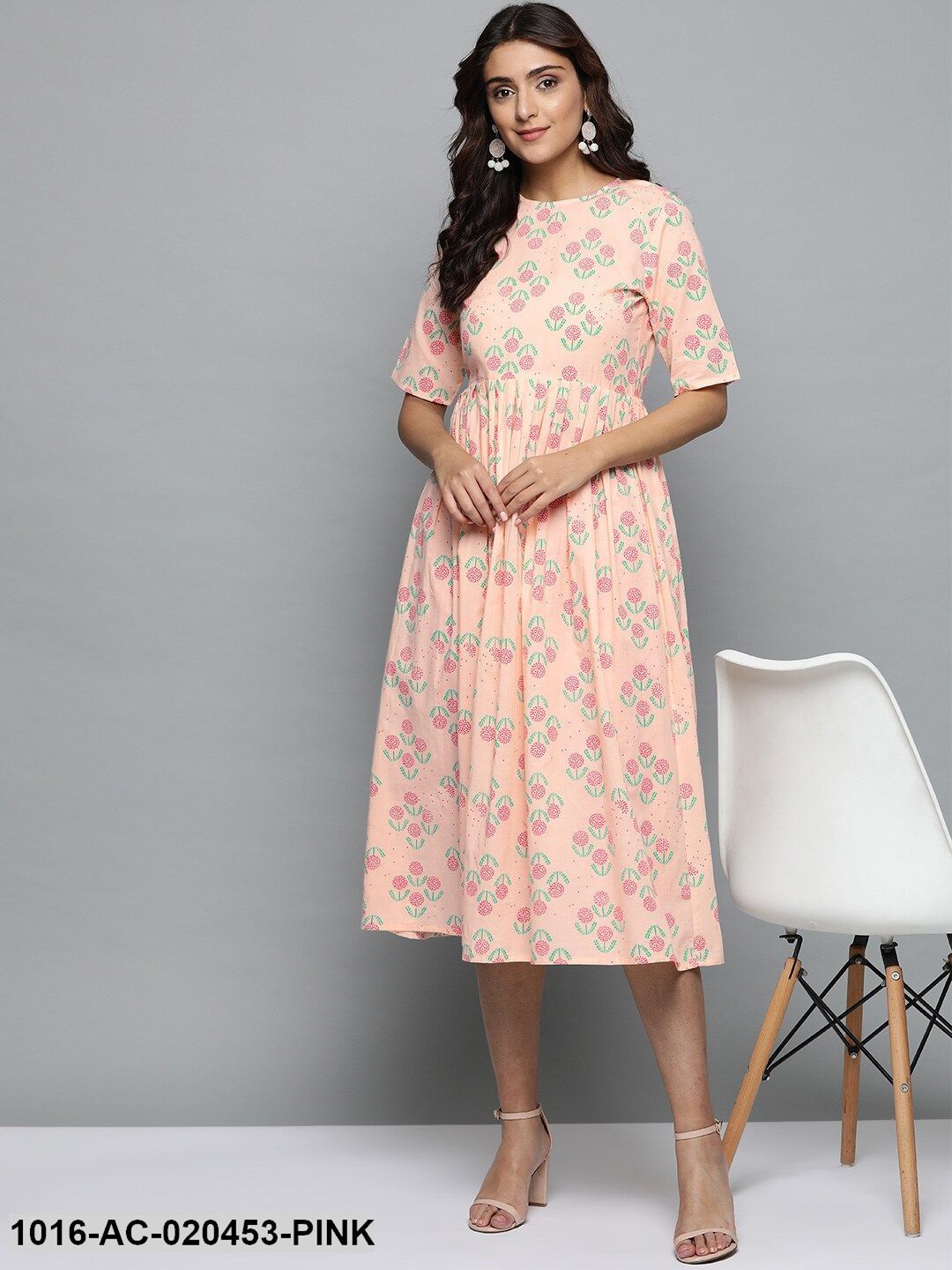 Pink & Green Printed A-Line Dress