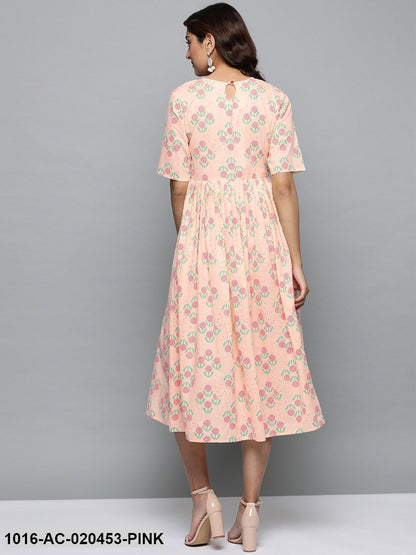 Pink & Green Printed A-Line Dress
