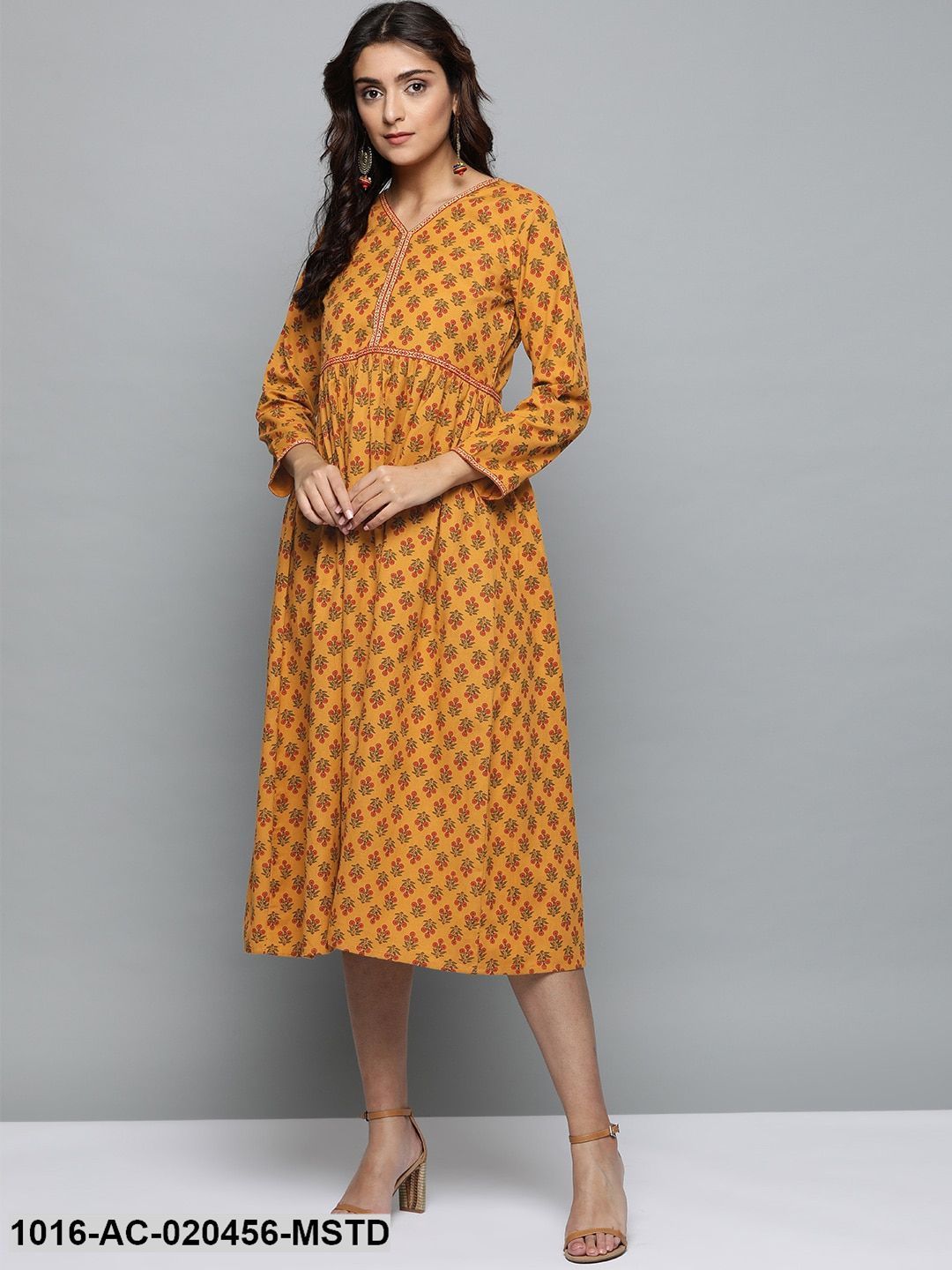 Mustard Yellow & Red Printed A-Line Dress