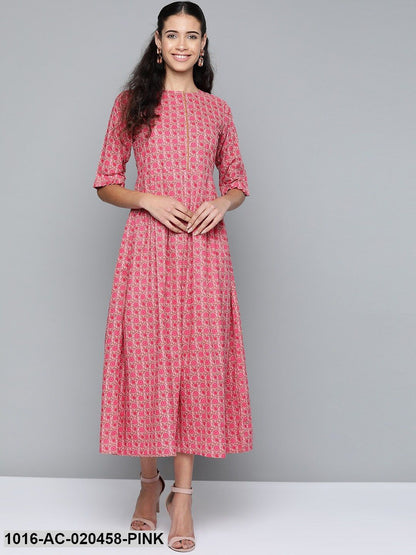 Pink & Olive Green Printed Maxi Dress