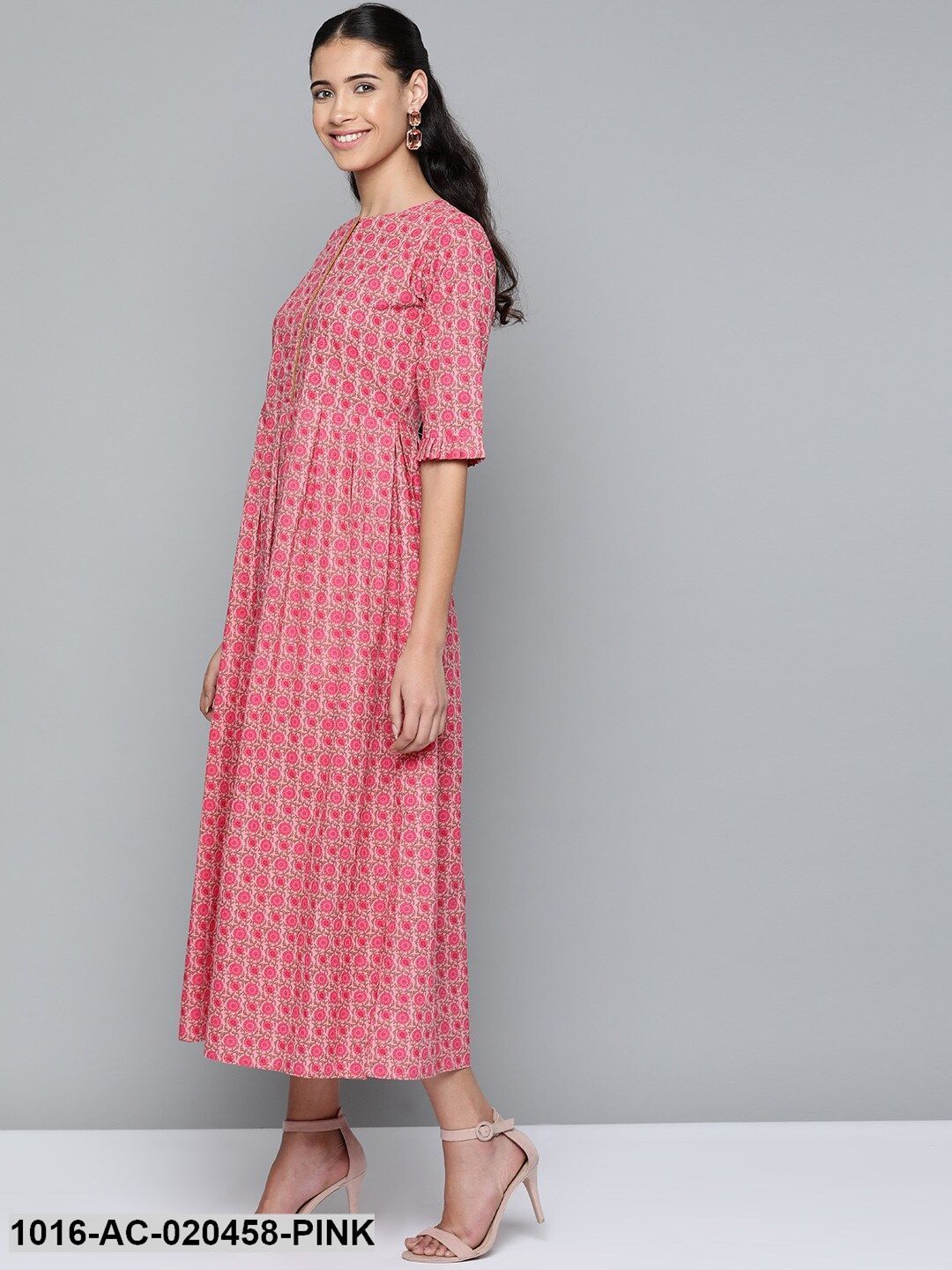 Pink & Olive Green Printed Maxi Dress