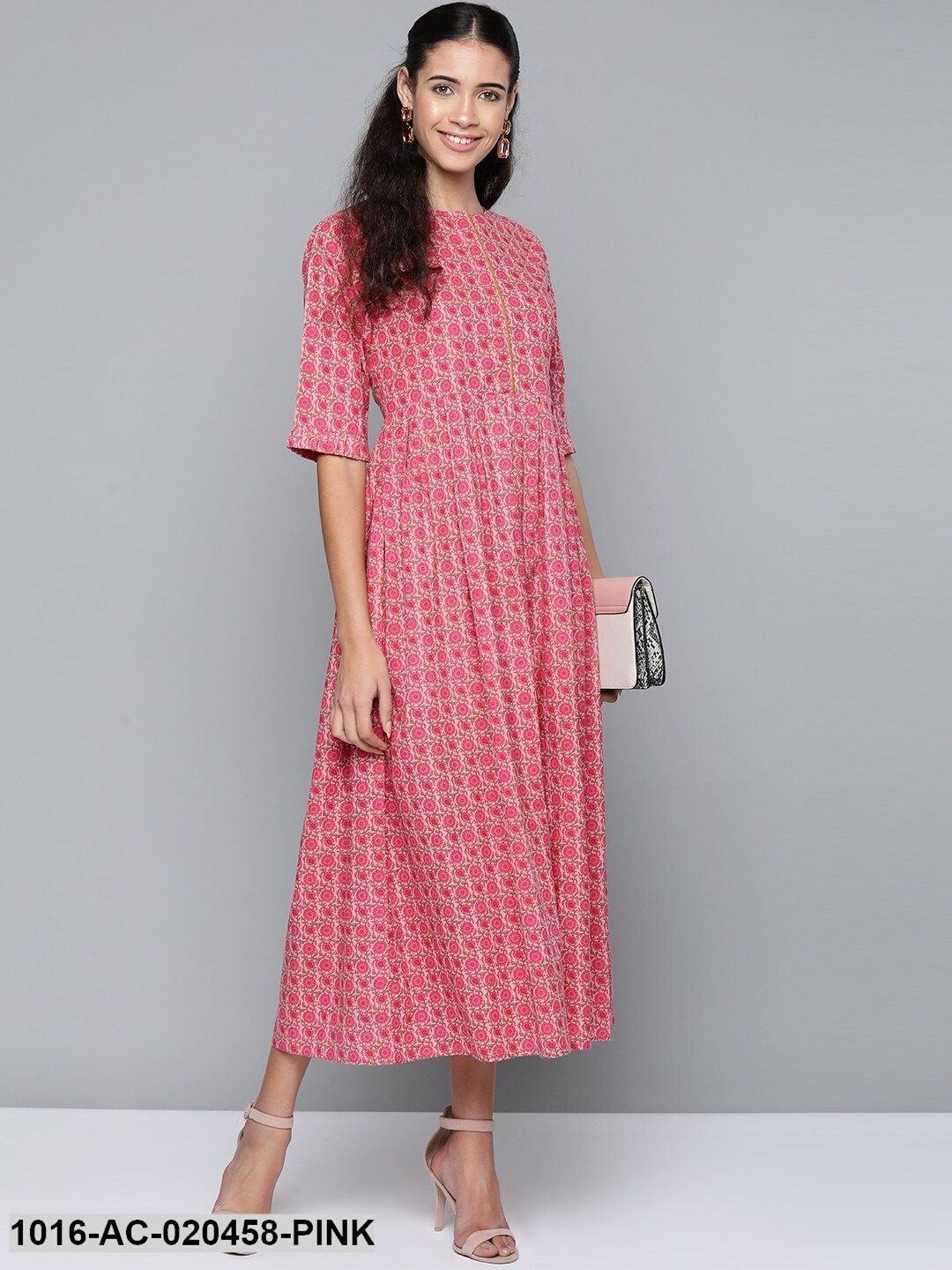 Pink & Olive Green Printed Maxi Dress