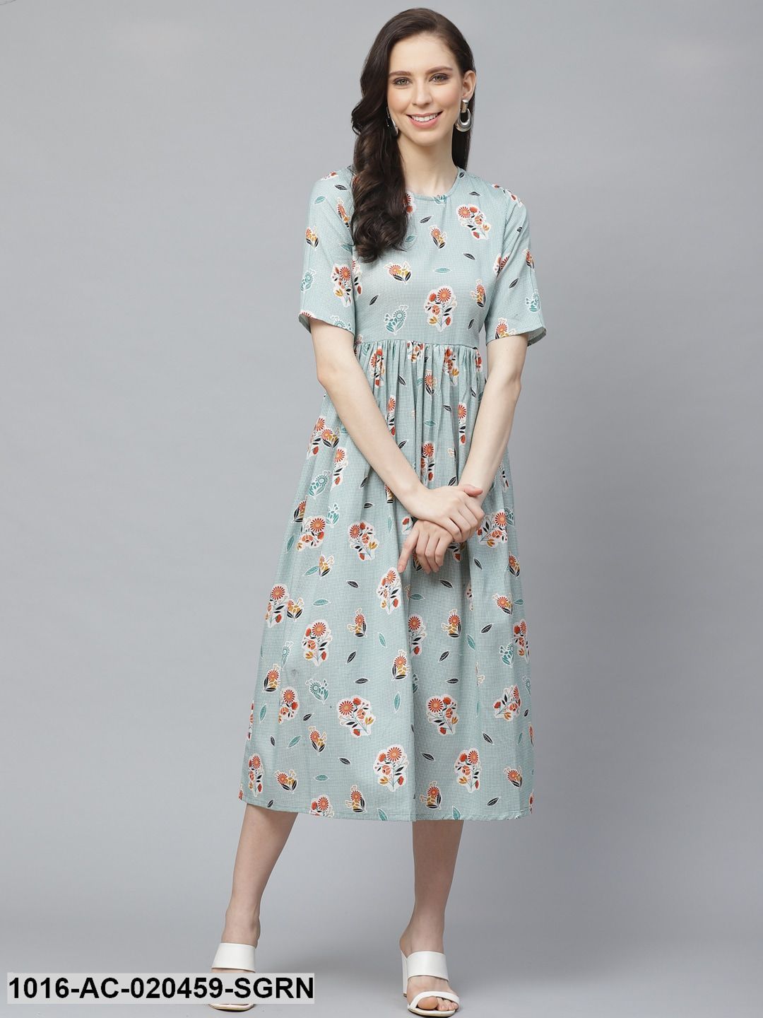 Sea Green & White Checked with Floral Detail A-Line Dress