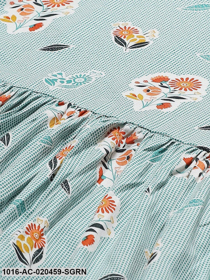 Sea Green & White Checked with Floral Detail A-Line Dress