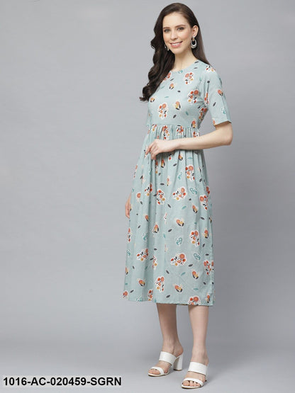 Sea Green & White Checked with Floral Detail A-Line Dress