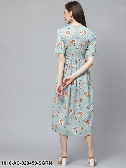 Sea Green & White Checked with Floral Detail A-Line Dress