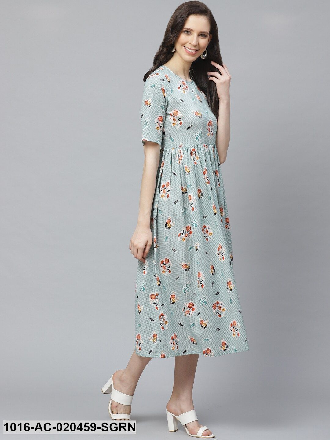 Sea Green & White Checked with Floral Detail A-Line Dress