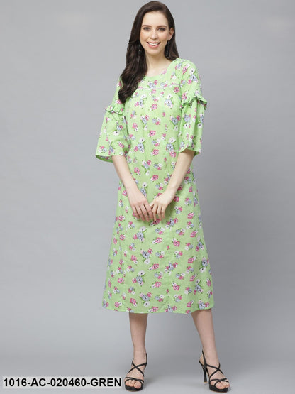 Green & Pink Floral Printed A-Line Dress