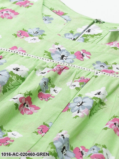 Green & Pink Floral Printed A-Line Dress