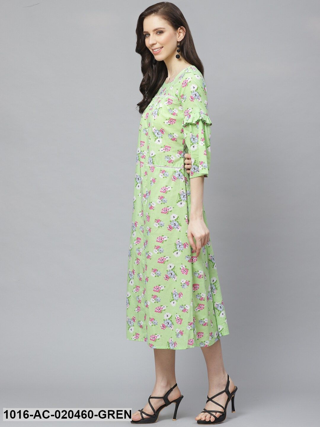 Green & Pink Floral Printed A-Line Dress