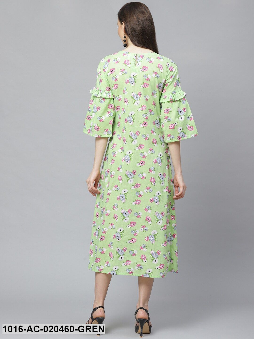 Green & Pink Floral Printed A-Line Dress