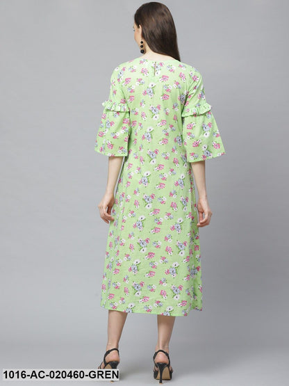 Green & Pink Floral Printed A-Line Dress
